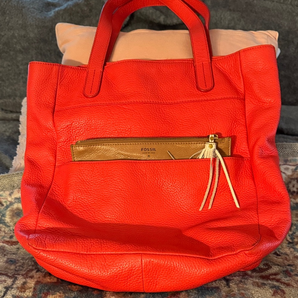 Fossil Vibrant Red Tote with Tan Accent